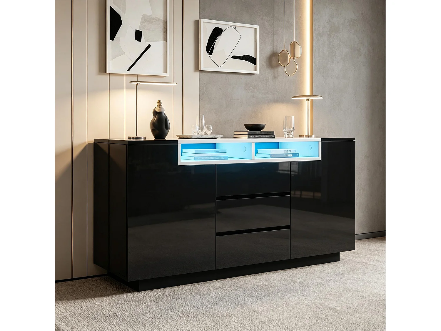 Buffet brillant 140x60x48 cm - avec 2 portes en forme de L et 3 tiroirs - Avec éclairage LED - Étagères réglables - Noir