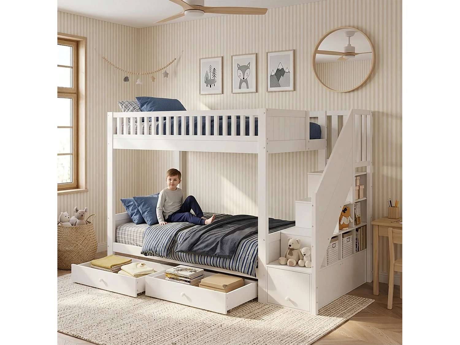 Lit superposé enfant 90x200 cm - avec 2 tiroirs - avec escalier de rangement - avec garde-corps - Blanc (sans matelas)