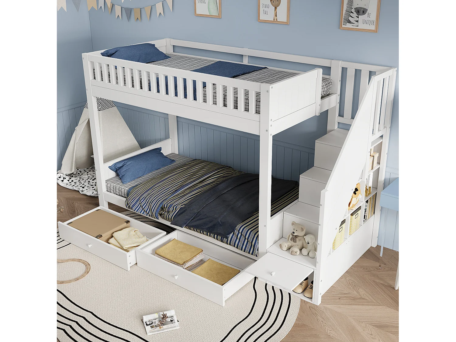 Lit superposé enfant 90x200 cm - avec 2 tiroirs - avec escalier de rangement - avec garde-corps - Blanc (sans matelas)