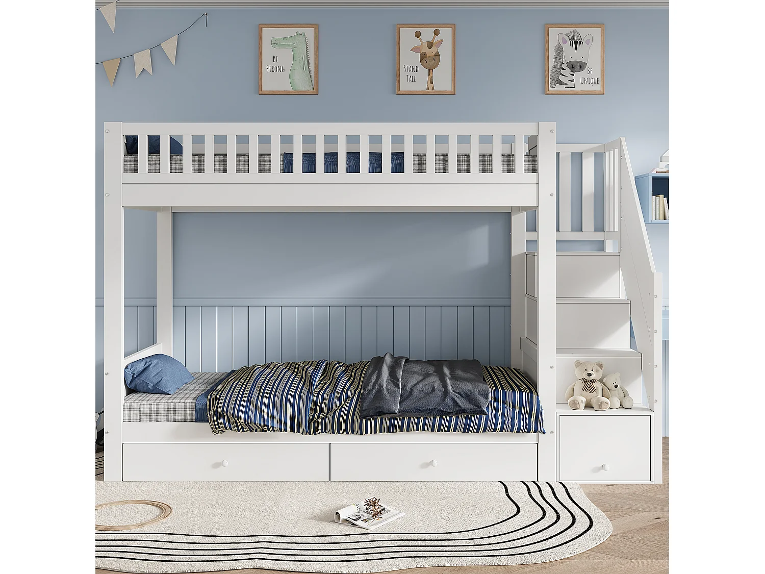 Lit superposé enfant 90x200 cm - avec 2 tiroirs - avec escalier de rangement - avec garde-corps - Blanc (sans matelas)
