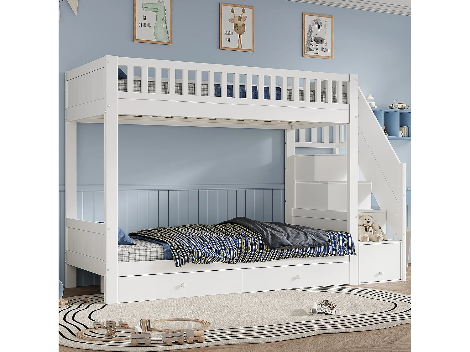 Lit superposé enfant 90x200 cm - avec 2 tiroirs - avec escalier de rangement - avec garde-corps - Blanc (sans matelas)