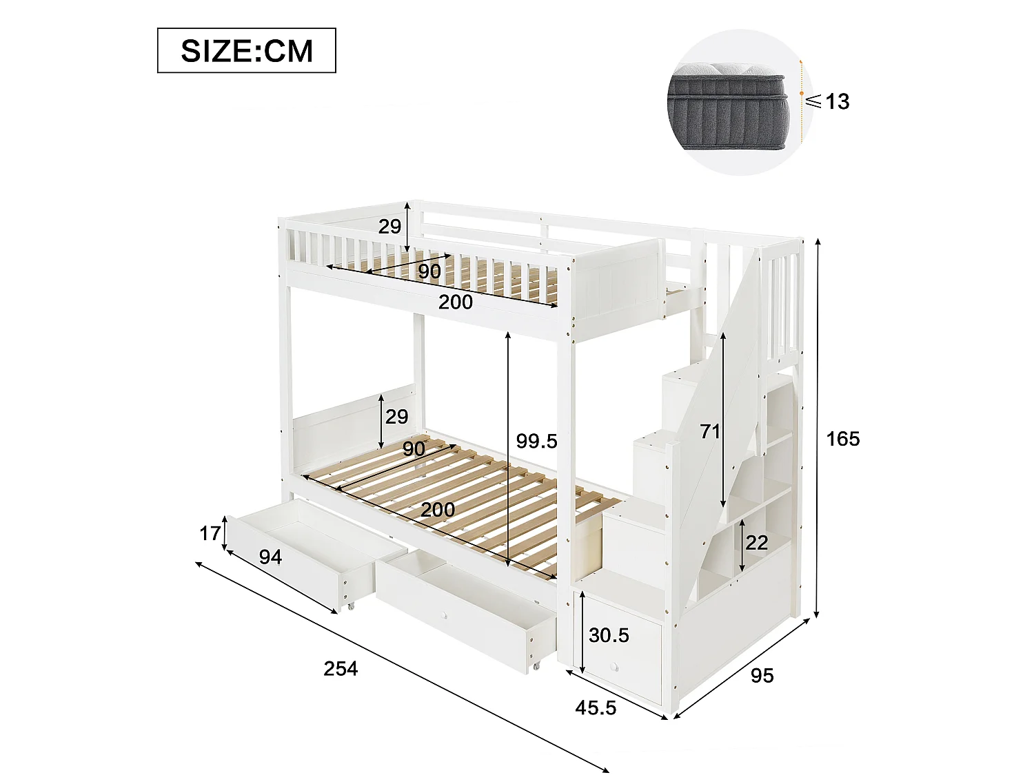 Lit superposé enfant 90x200 cm - avec 2 tiroirs - avec escalier de rangement - avec garde-corps - Blanc (sans matelas)