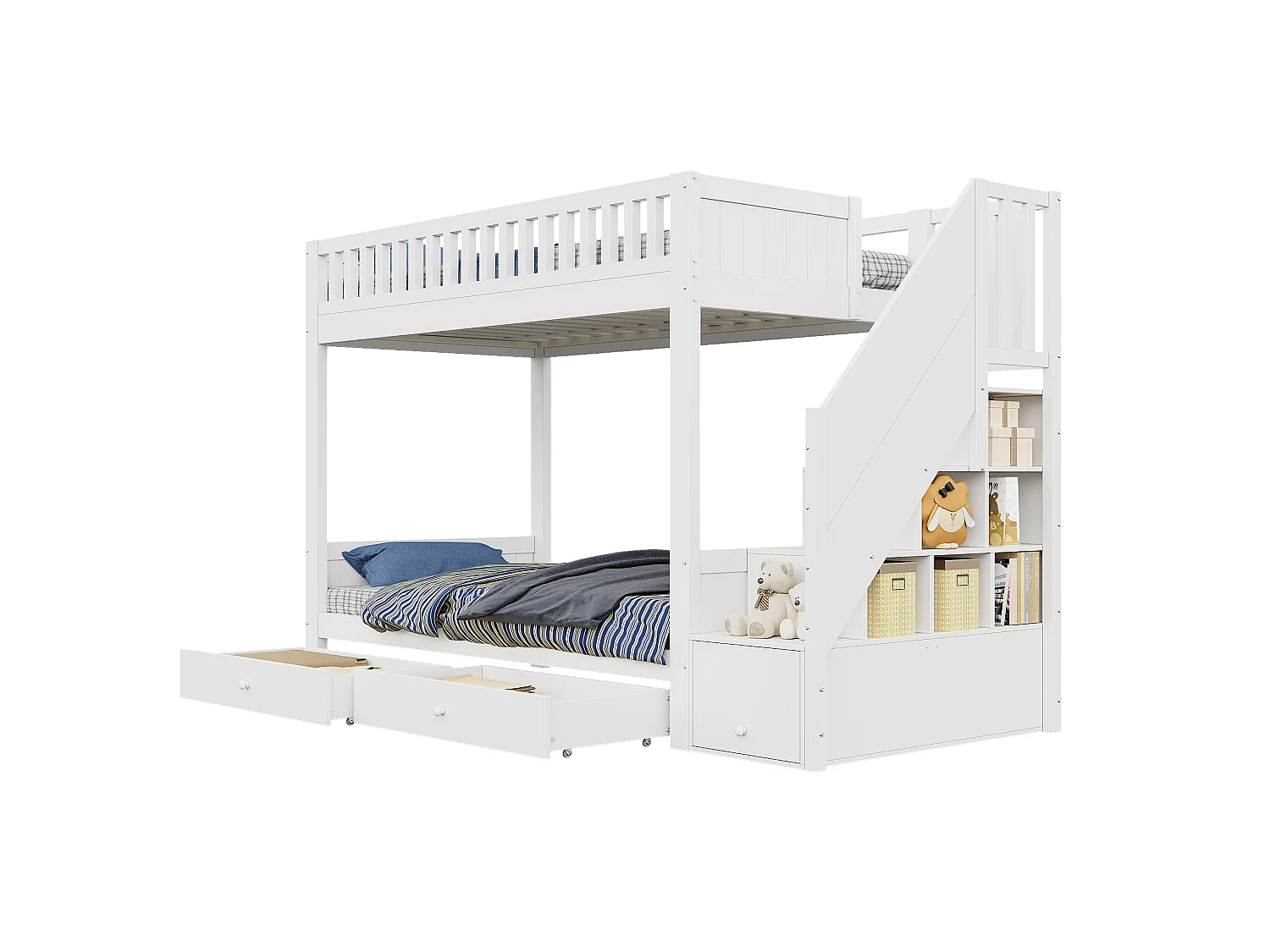 Lit superposé enfant 90x200 cm - avec 2 tiroirs - avec escalier de rangement - avec garde-corps - Blanc (sans matelas)