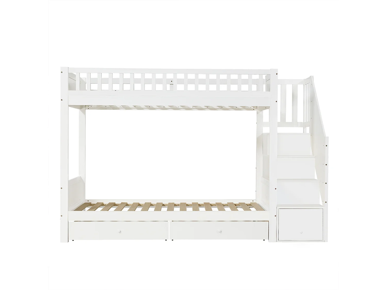 Lit superposé enfant 90x200 cm - avec 2 tiroirs - avec escalier de rangement - avec garde-corps - Blanc (sans matelas)