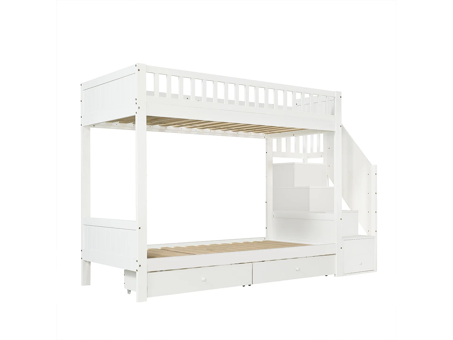 Lit superposé enfant 90x200 cm - avec 2 tiroirs - avec escalier de rangement - avec garde-corps - Blanc (sans matelas)
