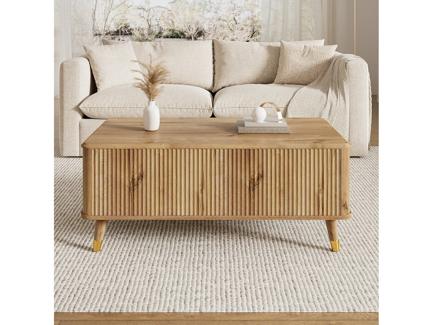 Table basse relevable rétro moderne 97x52x56.5 cm - Plateau réglable - Grande rangement - Pieds en bois massif - MDF - Naturel