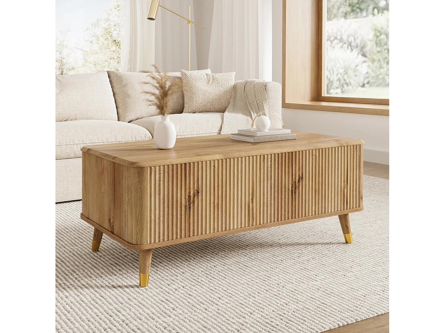 Table basse relevable rétro moderne 97x52x56.5 cm - Plateau réglable - Grande rangement - Pieds en bois massif - MDF - Naturel