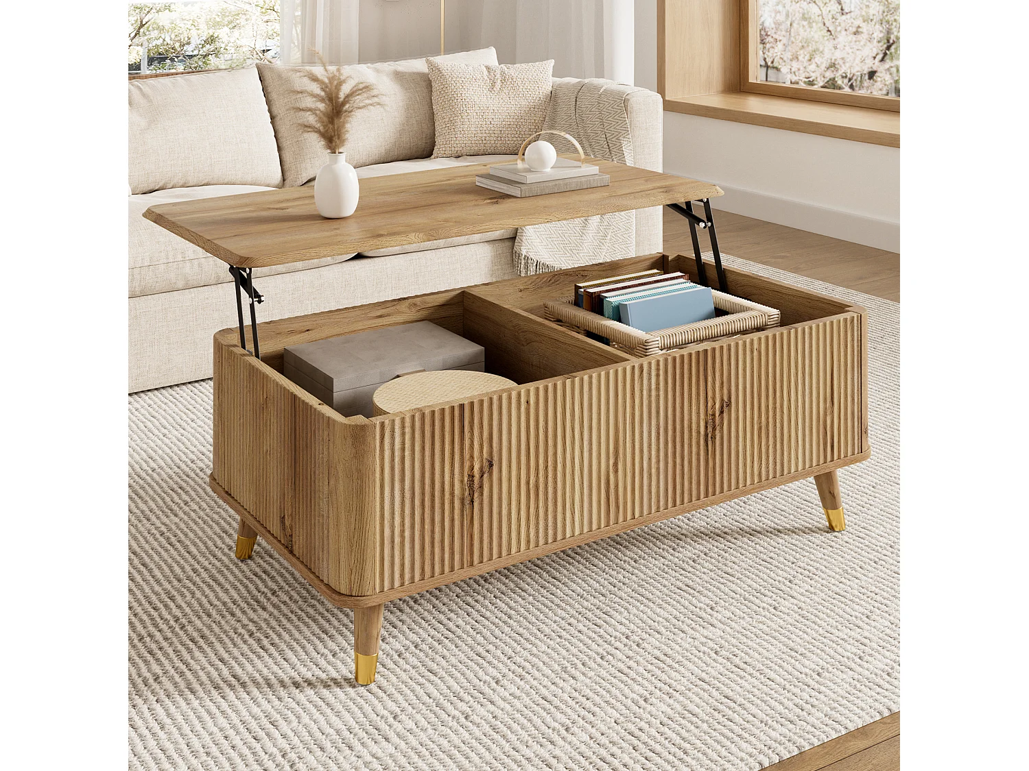 Table basse relevable rétro moderne 97x52x56.5 cm - Plateau réglable - Grande rangement - Pieds en bois massif - MDF - Naturel