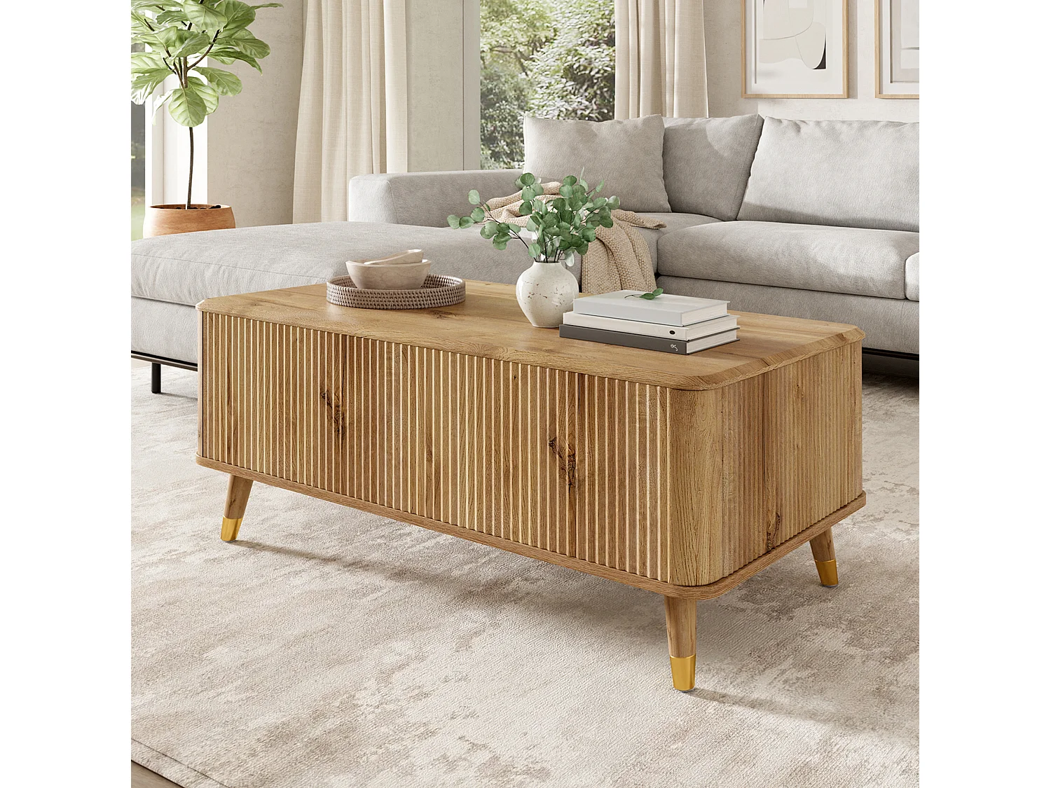 Table basse relevable rétro moderne 97x52x56.5 cm - Plateau réglable - Grande rangement - Pieds en bois massif - MDF - Naturel