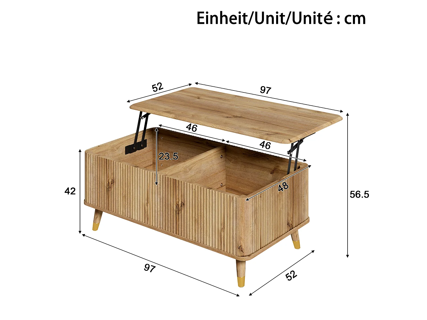 Table basse relevable rétro moderne 97x52x56.5 cm - Plateau réglable - Grande rangement - Pieds en bois massif - MDF - Naturel