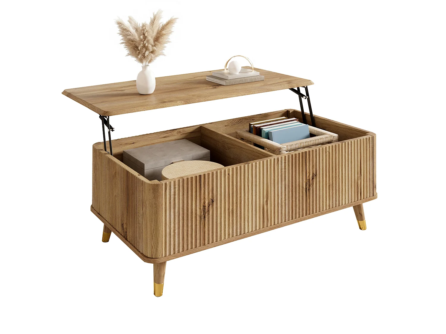 Table basse relevable rétro moderne 97x52x56.5 cm - Plateau réglable - Grande rangement - Pieds en bois massif - MDF - Naturel