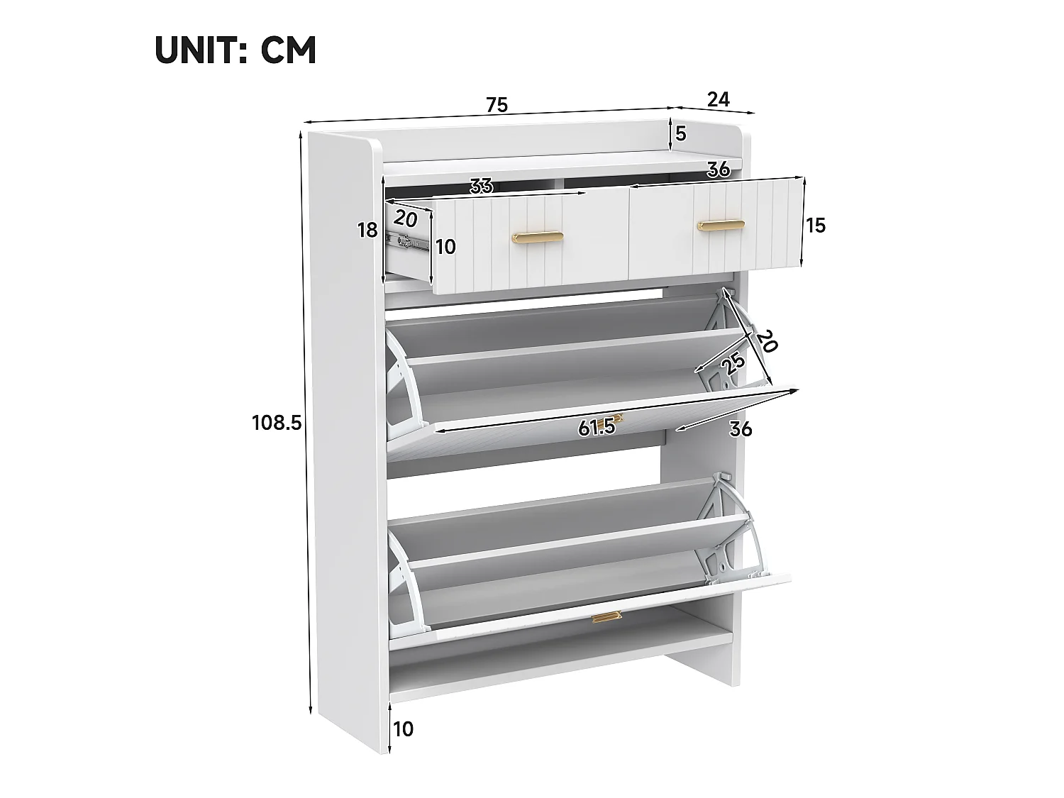 Schoenenkast met 2 neerklapbare deuren, 2 lades en een open plank - Spaanplaat - 75 x 24 x 108,5 cm - Wit
