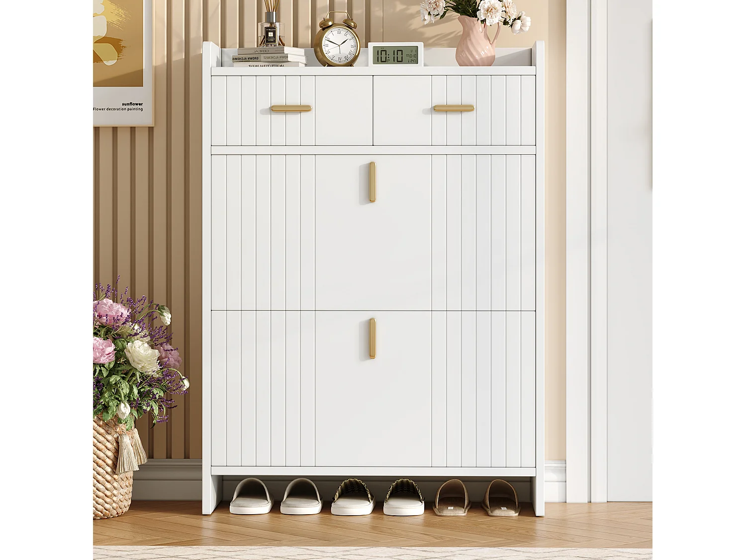 Schoenenkast met 2 neerklapbare deuren, 2 lades en een open plank - Spaanplaat - 75 x 24 x 108,5 cm - Wit