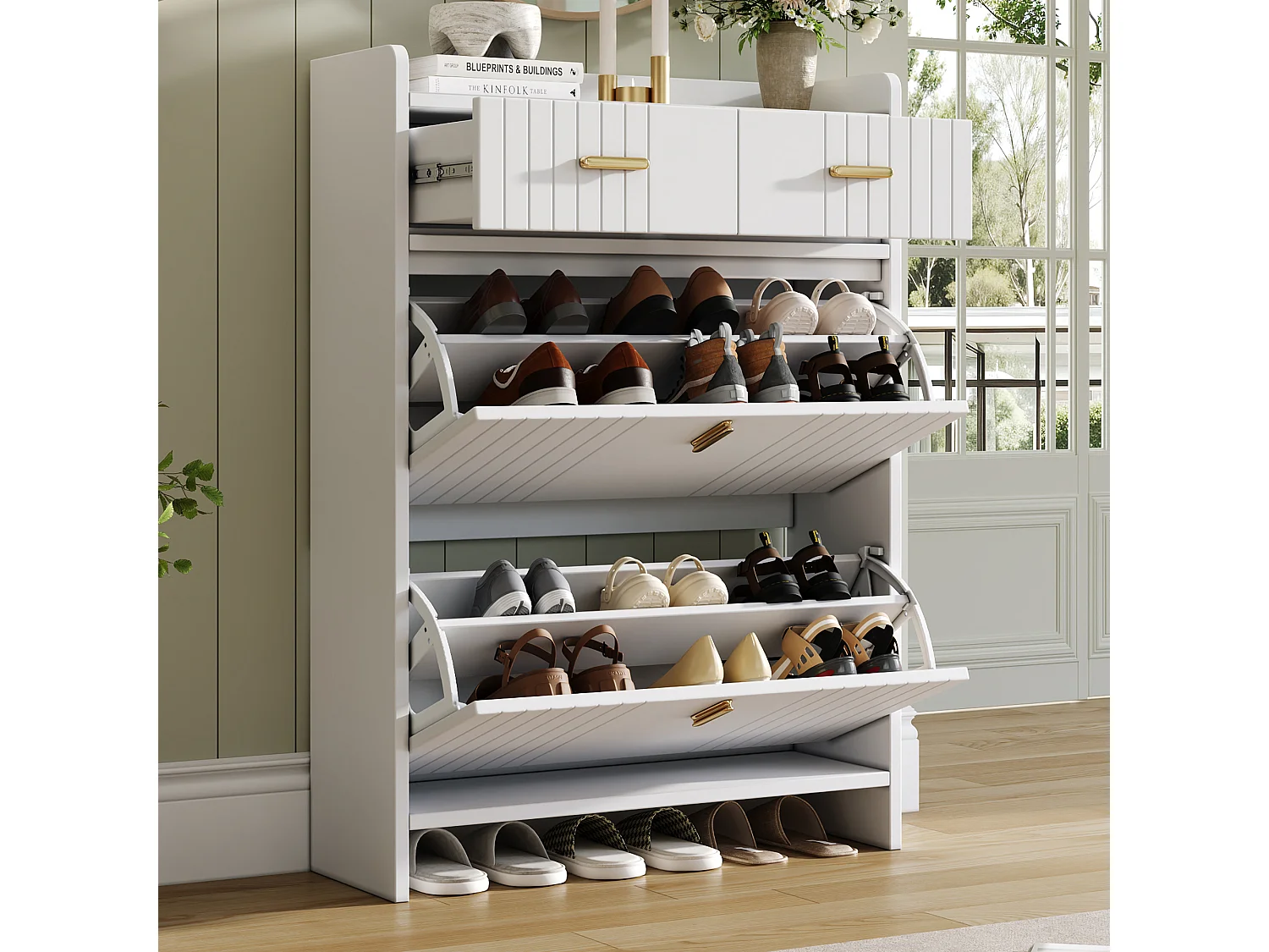 Schoenenkast met 2 neerklapbare deuren, 2 lades en een open plank - Spaanplaat - 75 x 24 x 108,5 cm - Wit