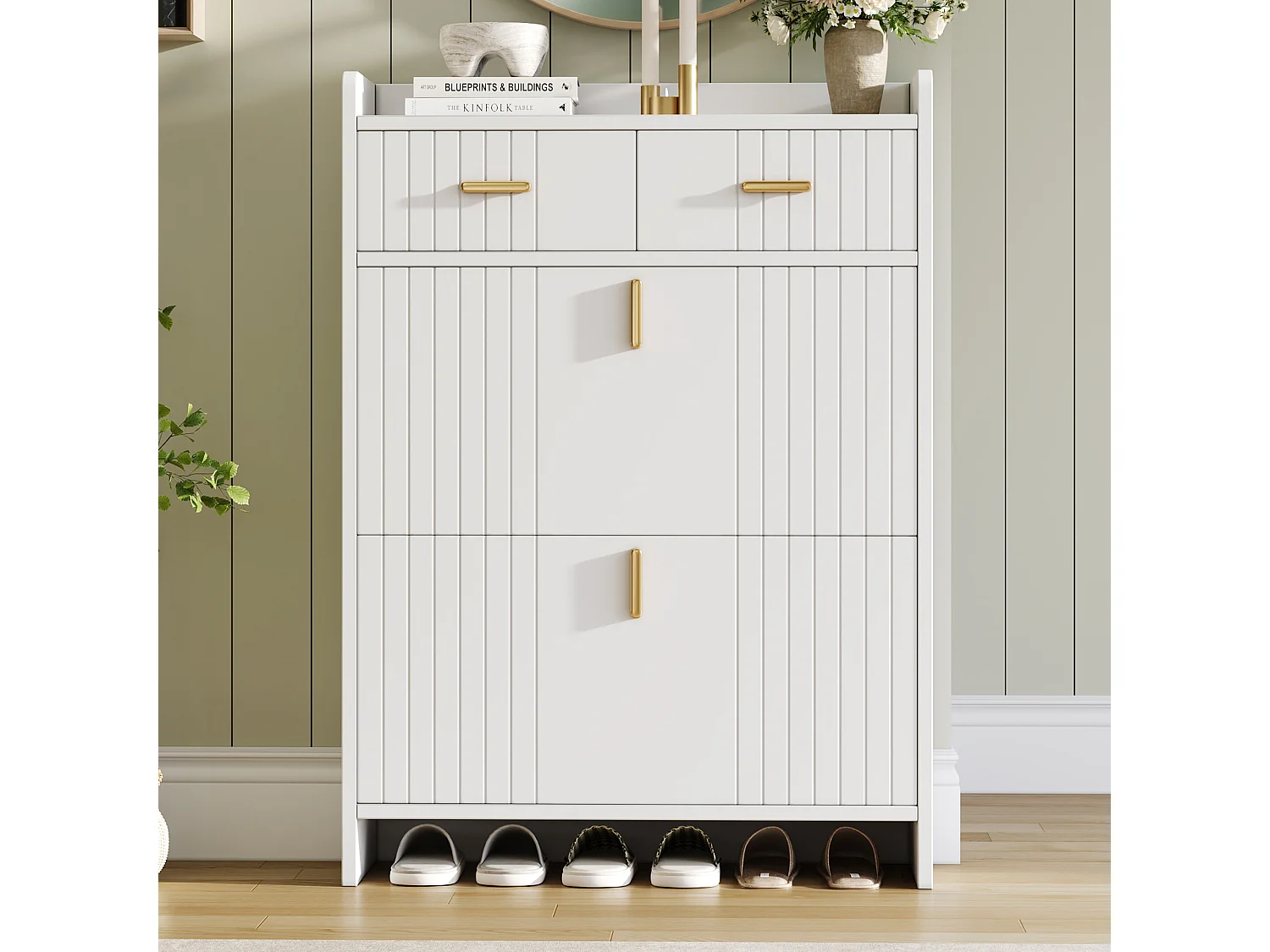 Schoenenkast met 2 neerklapbare deuren, 2 lades en een open plank - Spaanplaat - 75 x 24 x 108,5 cm - Wit