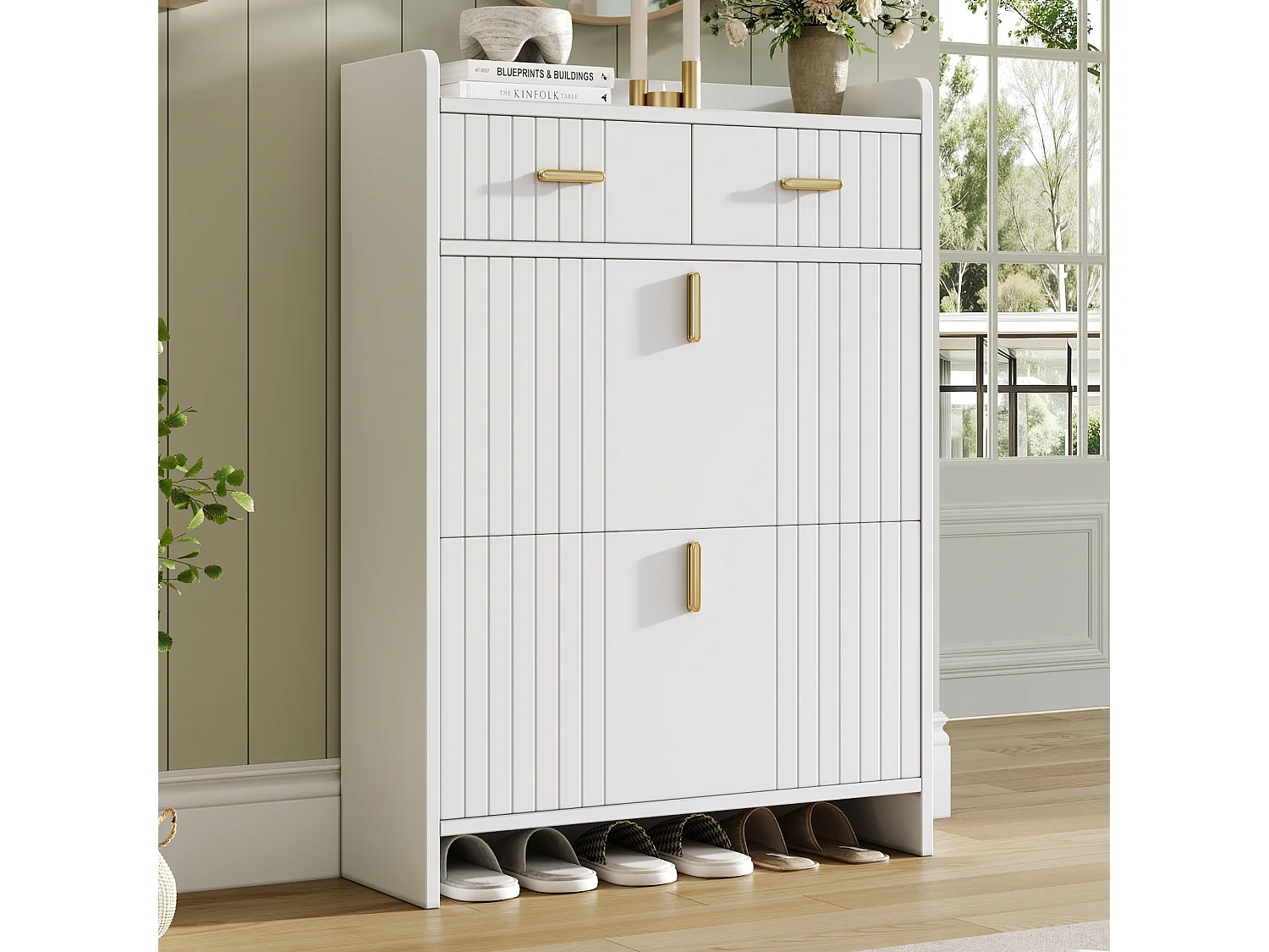 Schoenenkast met 2 neerklapbare deuren, 2 lades en een open plank - Spaanplaat - 75 x 24 x 108,5 cm - Wit