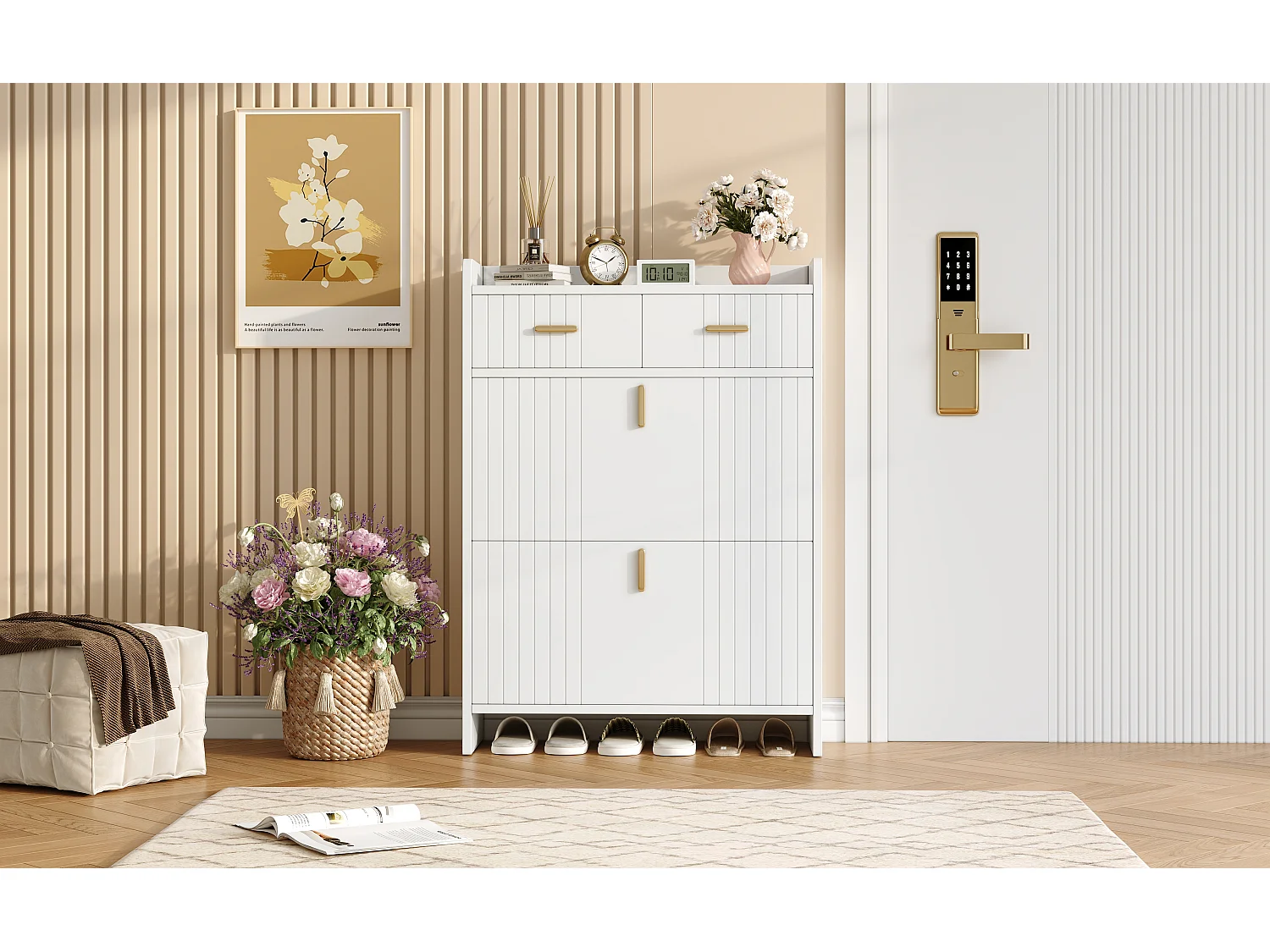 Schoenenkast met 2 neerklapbare deuren, 2 lades en een open plank - Spaanplaat - 75 x 24 x 108,5 cm - Wit