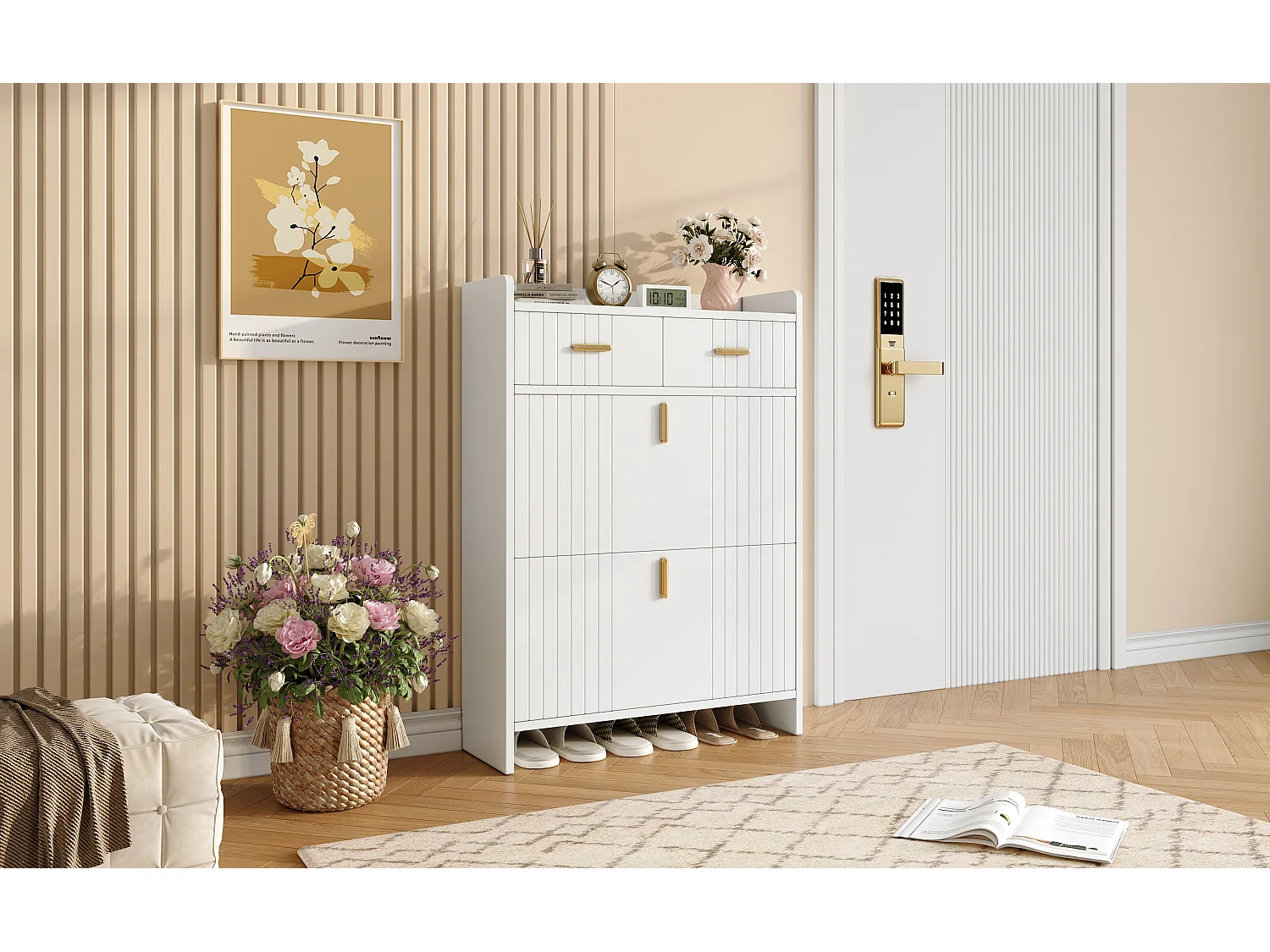 Schoenenkast met 2 neerklapbare deuren, 2 lades en een open plank - Spaanplaat - 75 x 24 x 108,5 cm - Wit