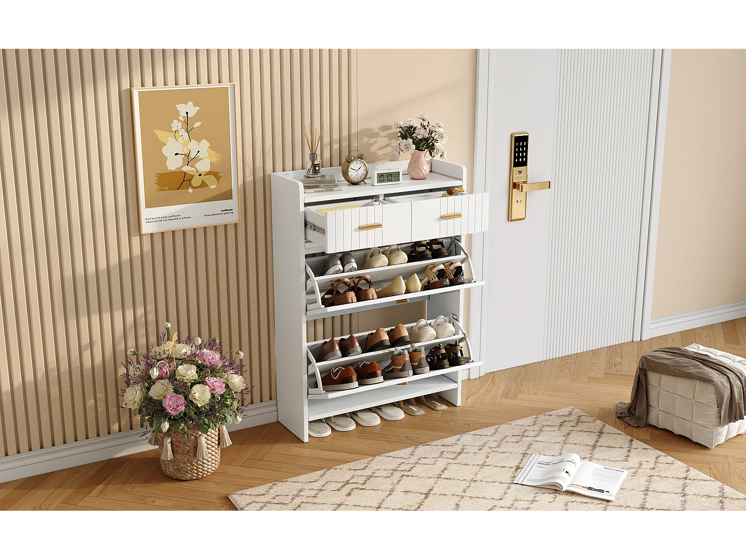 Schoenenkast met 2 neerklapbare deuren, 2 lades en een open plank - Spaanplaat - 75 x 24 x 108,5 cm - Wit