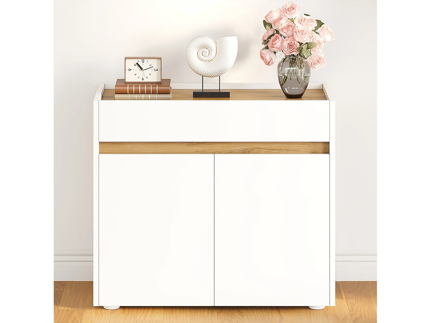 Buffet/Classeur 80x40x70 cm - 1 tiroir et 2 portes - Étagères réglables - Meuble de rangement - Panneaux de particules - Blanc