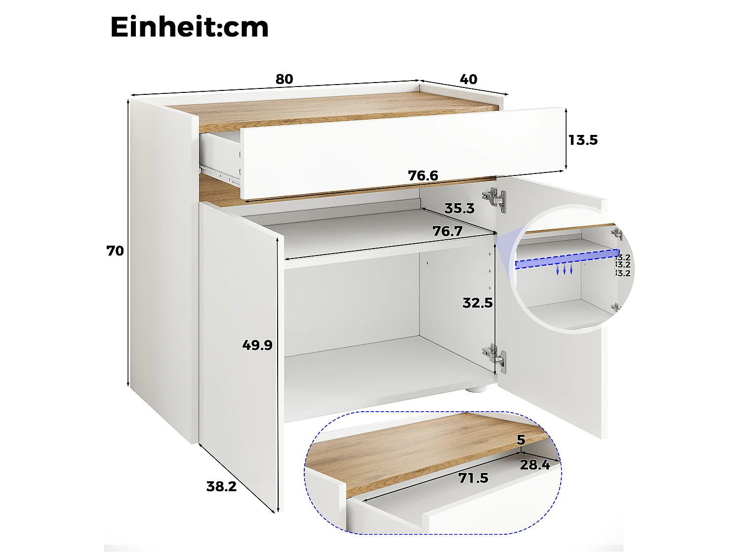 Buffet/Classeur 80x40x70 cm - 1 tiroir et 2 portes - Étagères réglables - Meuble de rangement - Panneaux de particules - Blanc