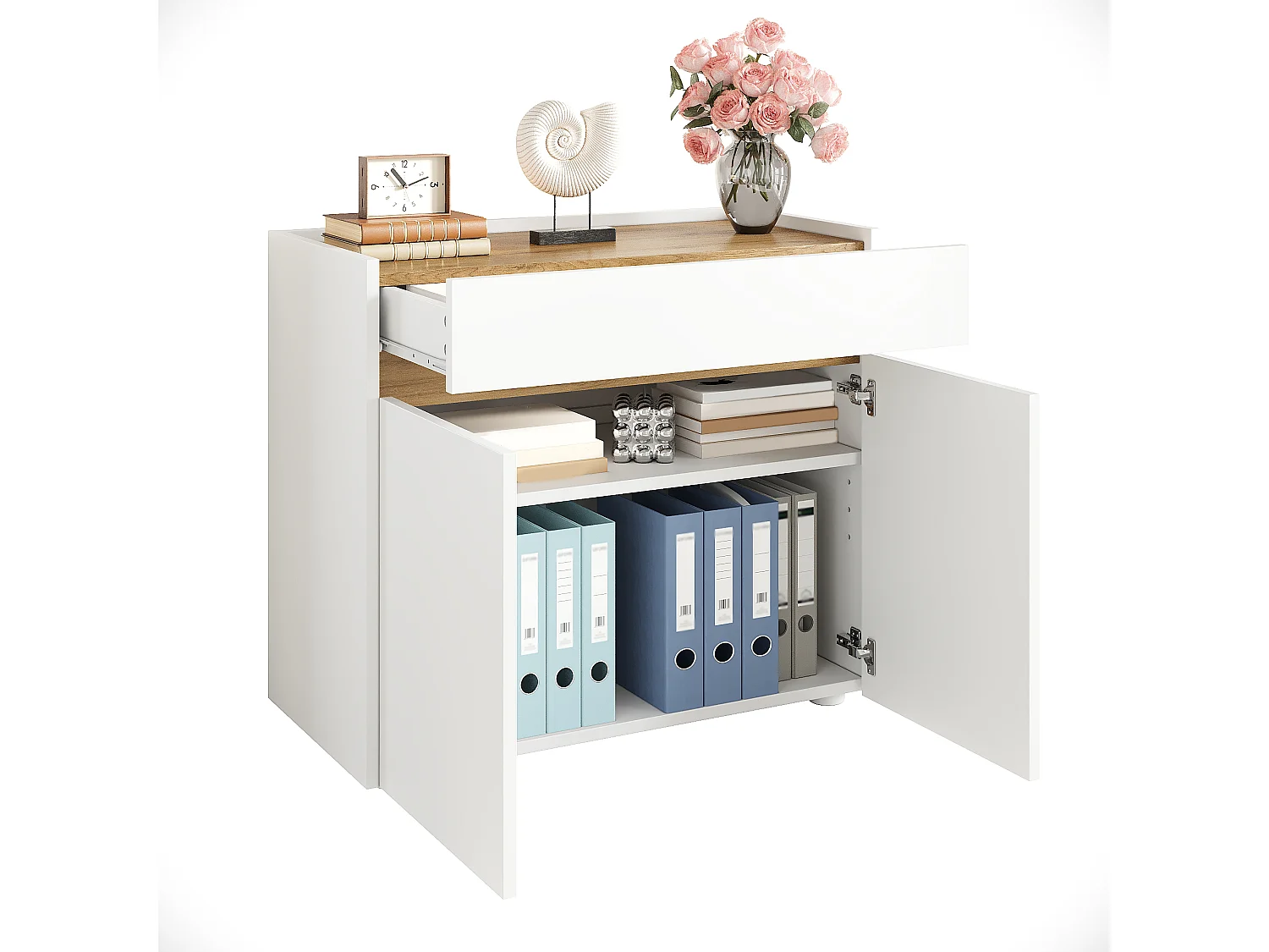 Buffet/Classeur 80x40x70 cm - 1 tiroir et 2 portes - Étagères réglables - Meuble de rangement - Panneaux de particules - Blanc