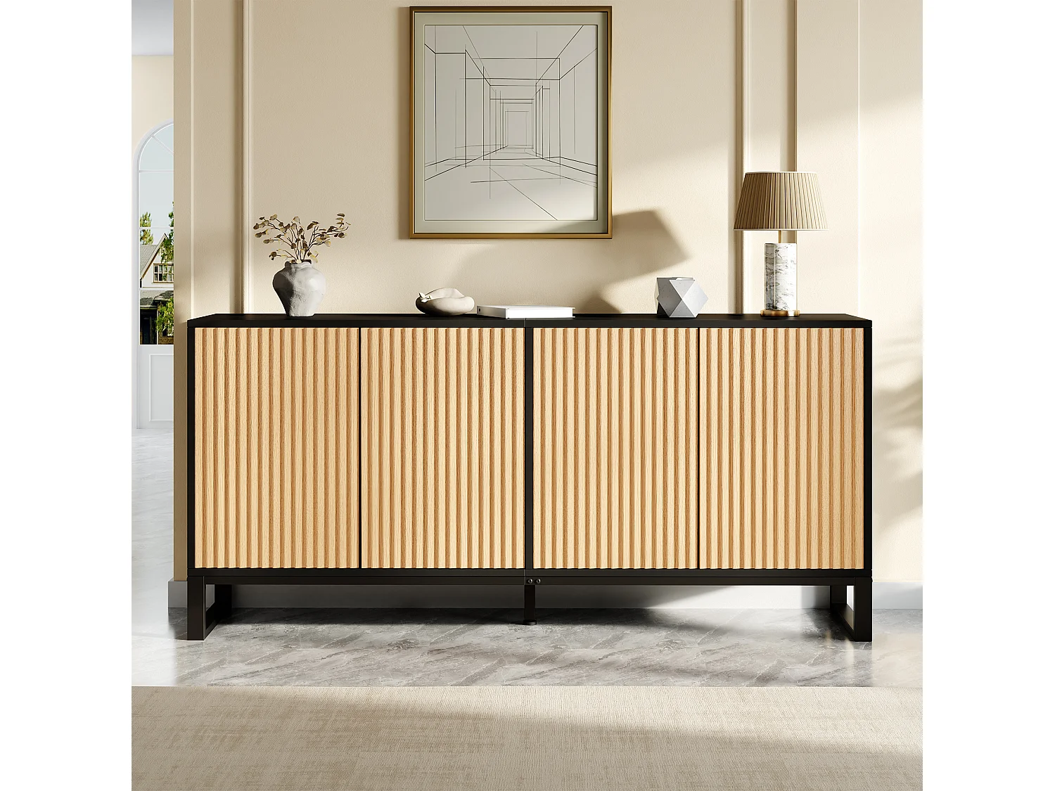 Buffet/Meuble à chaussures moderne 160x40x75 cm - 4 portes à rayures verticales - Étagères réglables - MDF - Naturel + Noir