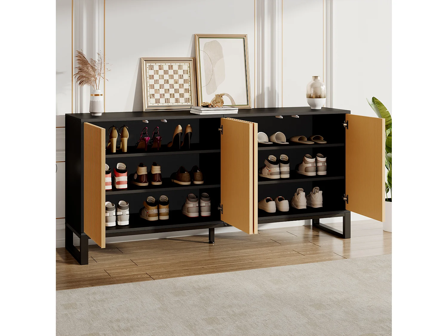 Buffet/Meuble à chaussures moderne 160x40x75 cm - 4 portes à rayures verticales - Étagères réglables - MDF - Naturel + Noir