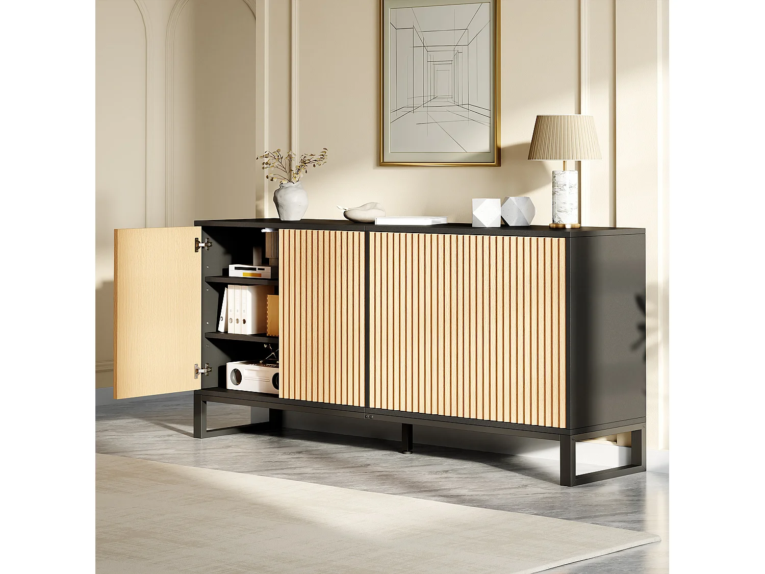 Buffet/Meuble à chaussures moderne 160x40x75 cm - 4 portes à rayures verticales - Étagères réglables - MDF - Naturel + Noir