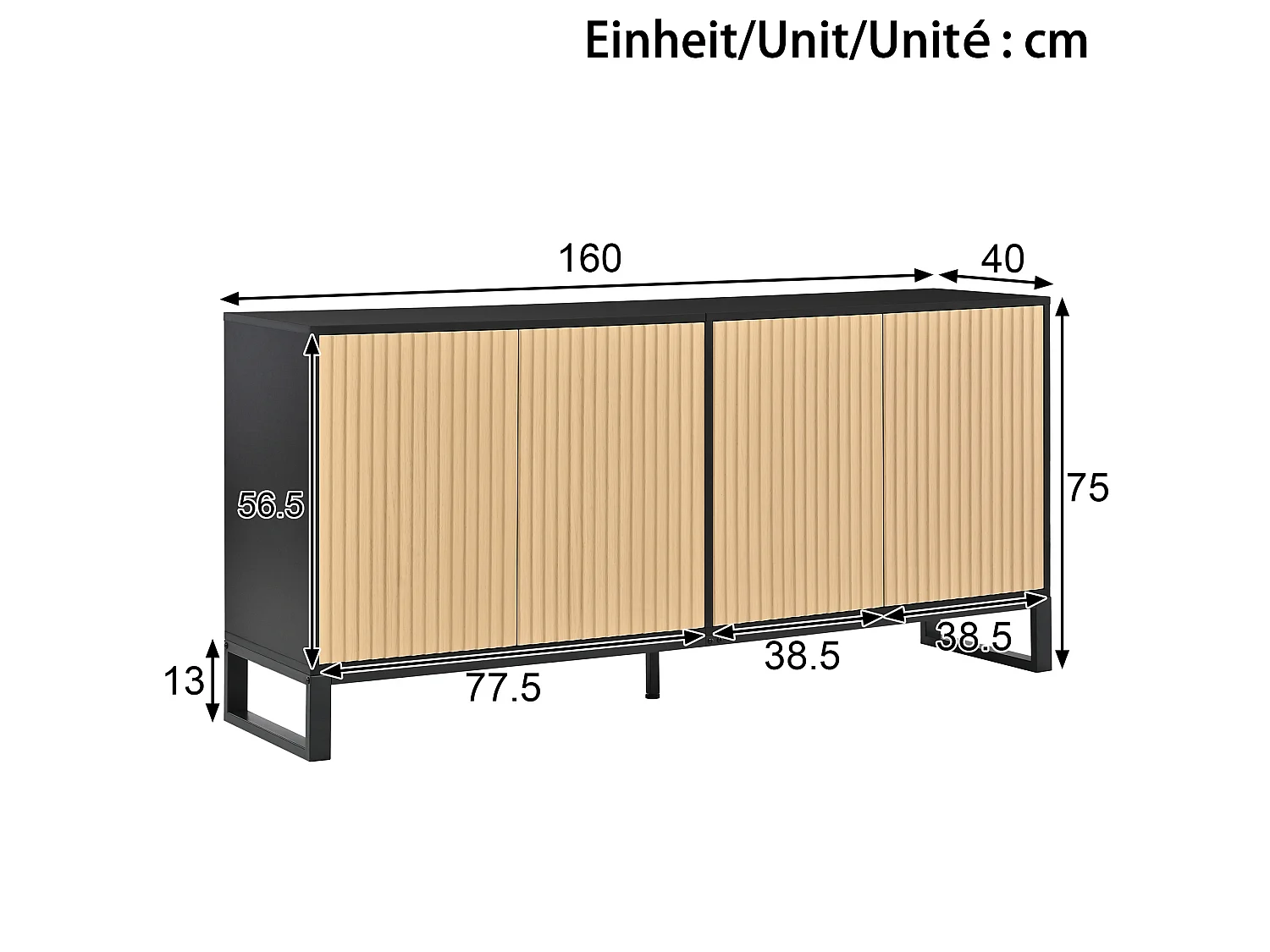 Buffet/Meuble à chaussures moderne 160x40x75 cm - 4 portes à rayures verticales - Étagères réglables - MDF - Naturel + Noir