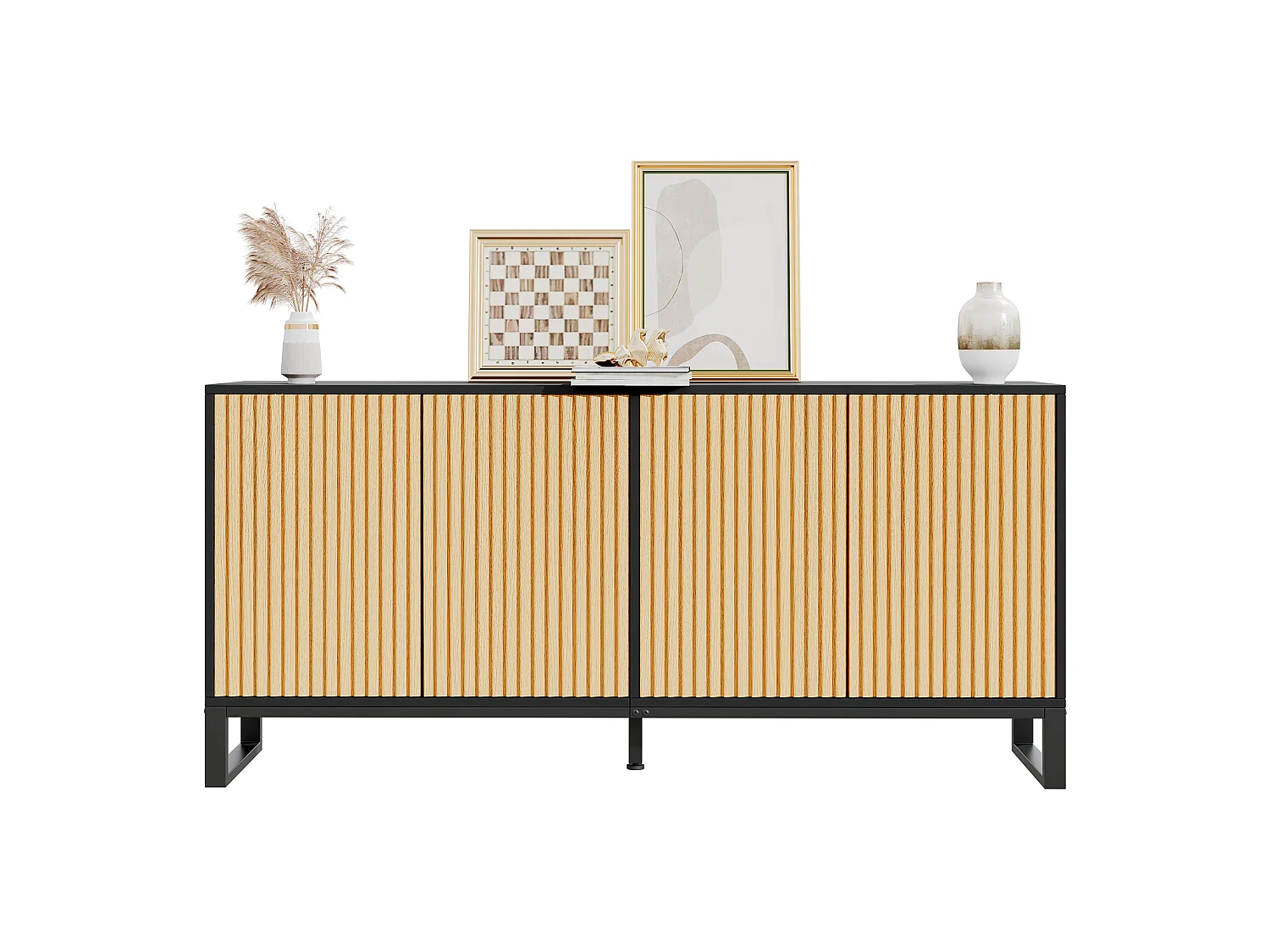Buffet/Meuble à chaussures moderne 160x40x75 cm - 4 portes à rayures verticales - Étagères réglables - MDF - Naturel + Noir