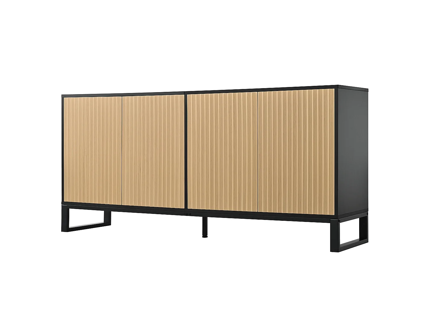Buffet/Meuble à chaussures moderne 160x40x75 cm - 4 portes à rayures verticales - Étagères réglables - MDF - Naturel + Noir