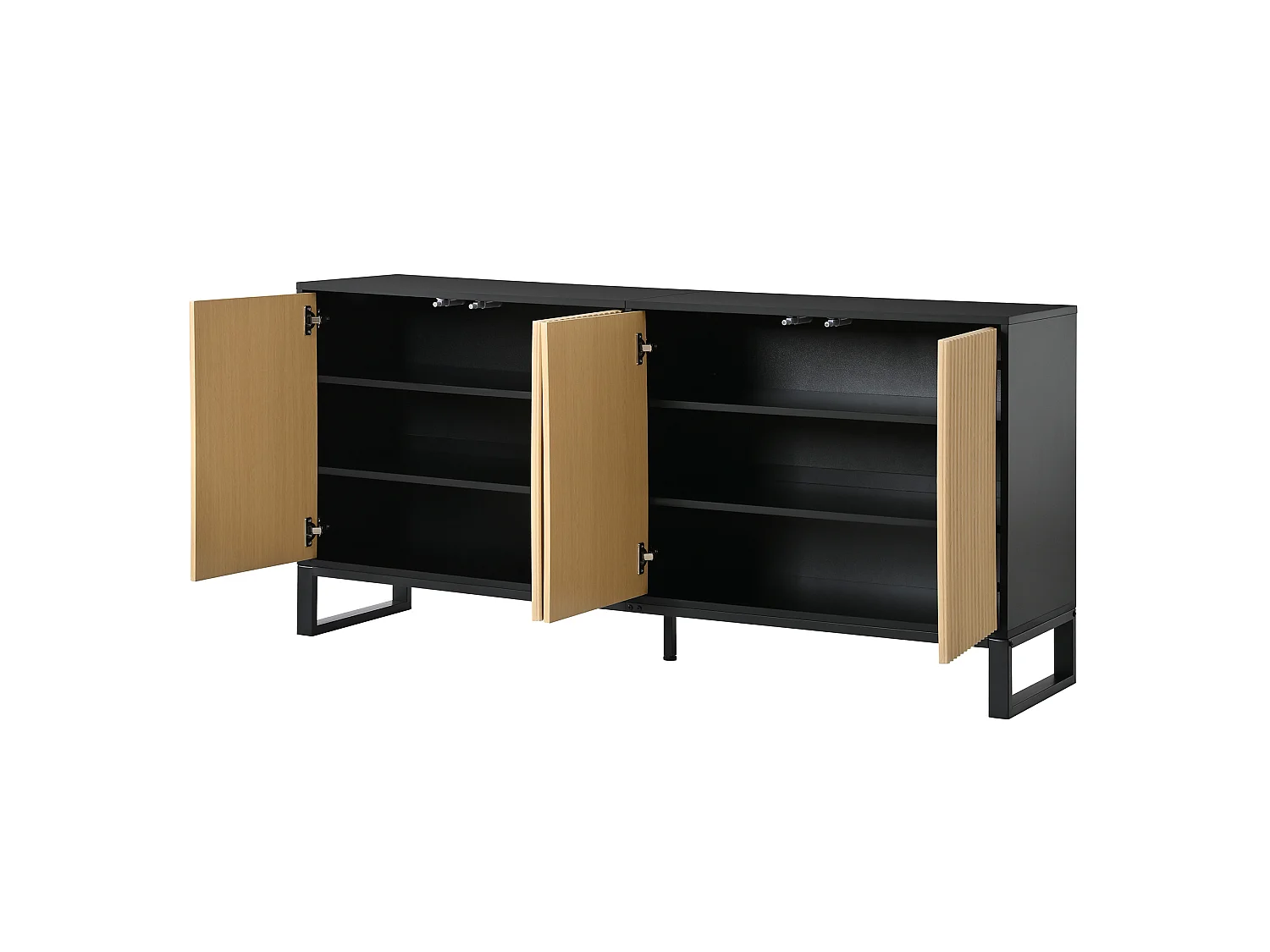Buffet/Meuble à chaussures moderne 160x40x75 cm - 4 portes à rayures verticales - Étagères réglables - MDF - Naturel + Noir