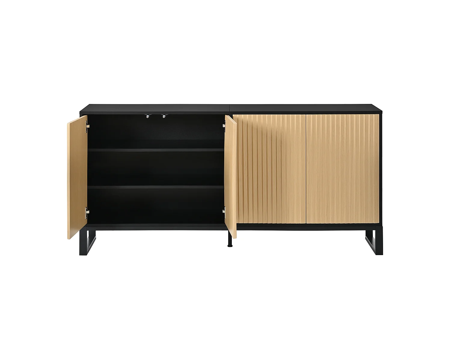 Buffet/Meuble à chaussures moderne 160x40x75 cm - 4 portes à rayures verticales - Étagères réglables - MDF - Naturel + Noir