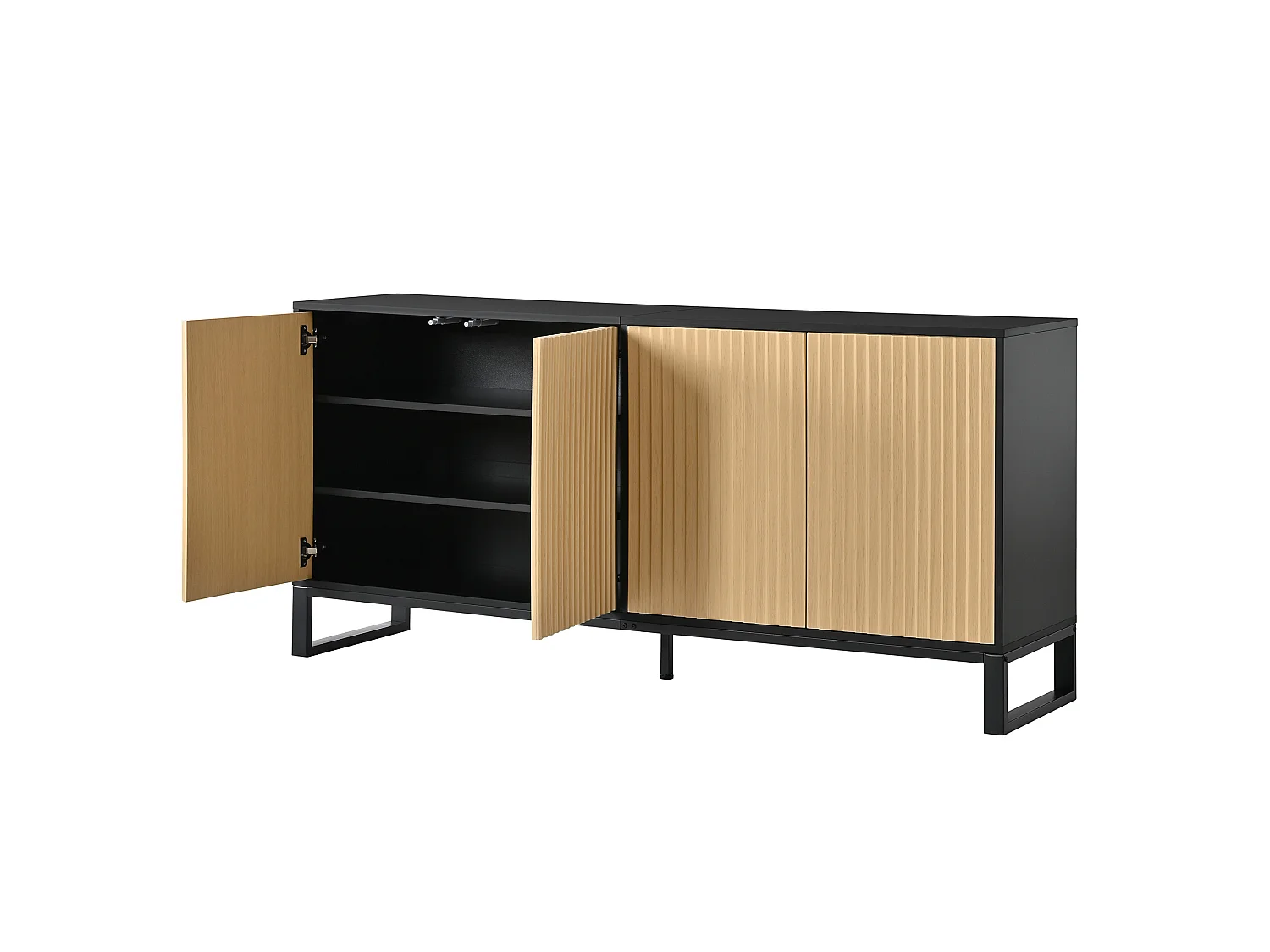 Buffet/Meuble à chaussures moderne 160x40x75 cm - 4 portes à rayures verticales - Étagères réglables - MDF - Naturel + Noir