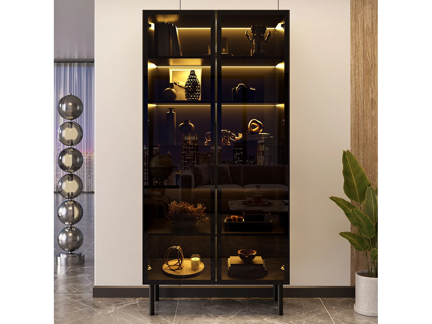 Vitrine avec portes vitrées 70x36x170 cm - Avec éclairageLED - Avec 4 portes vitrées et 2 tiroirs - MDF - Noir