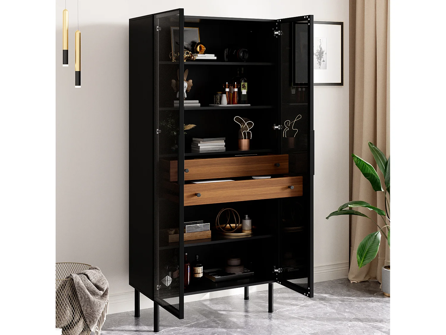 Vitrine avec portes vitrées 70x36x170 cm - Avec éclairageLED - Avec 4 portes vitrées et 2 tiroirs - MDF - Noir