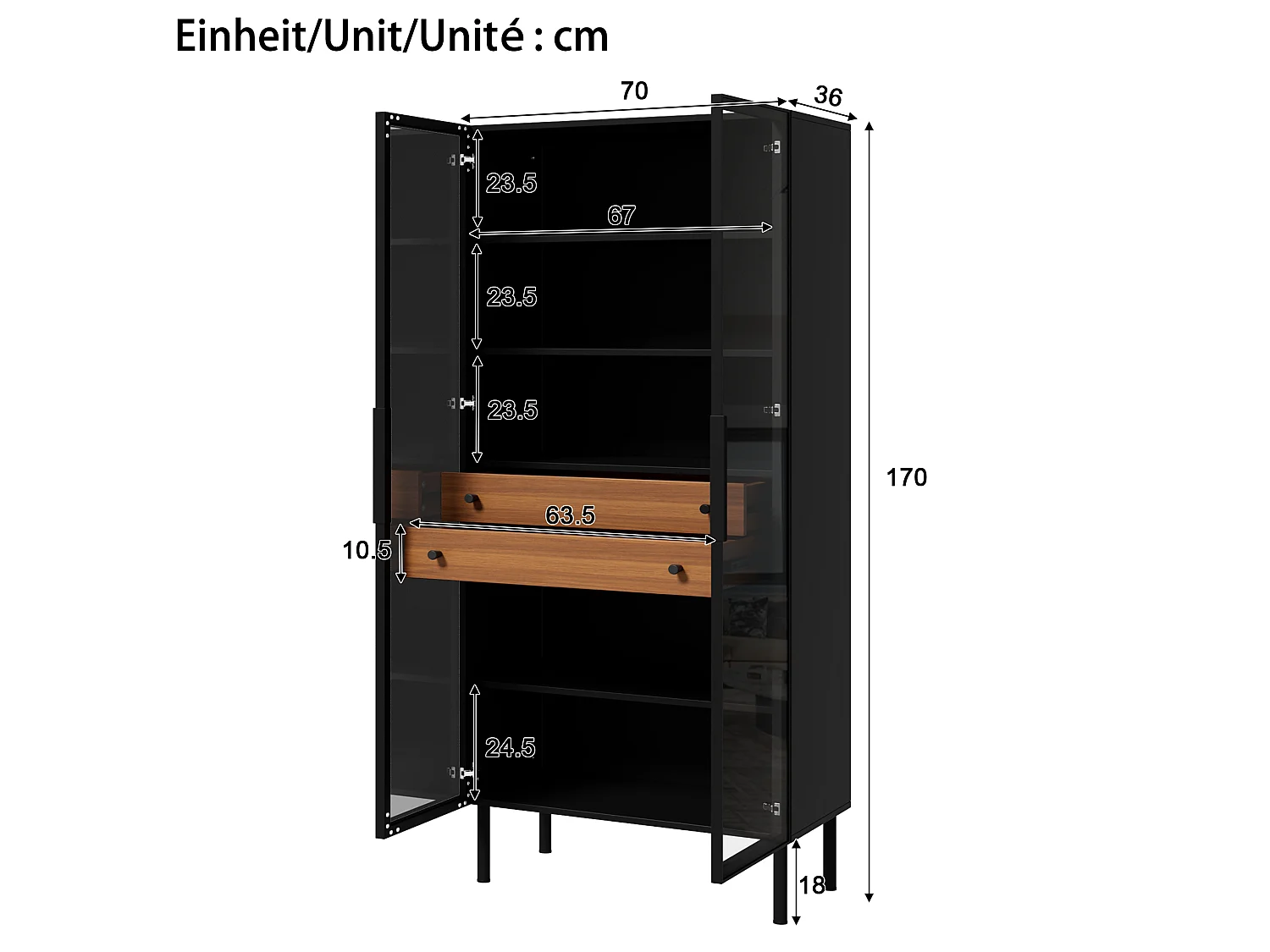 Vitrine avec portes vitrées 70x36x170 cm - Avec éclairageLED - Avec 4 portes vitrées et 2 tiroirs - MDF - Noir