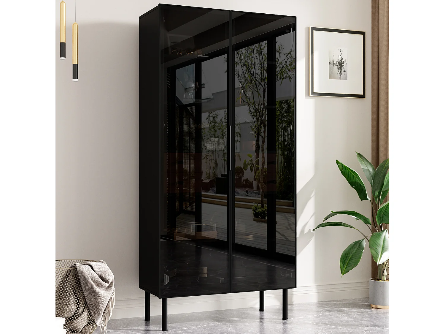 Vitrine avec portes vitrées 70x36x170 cm - Avec éclairageLED - Avec 4 portes vitrées et 2 tiroirs - MDF - Noir