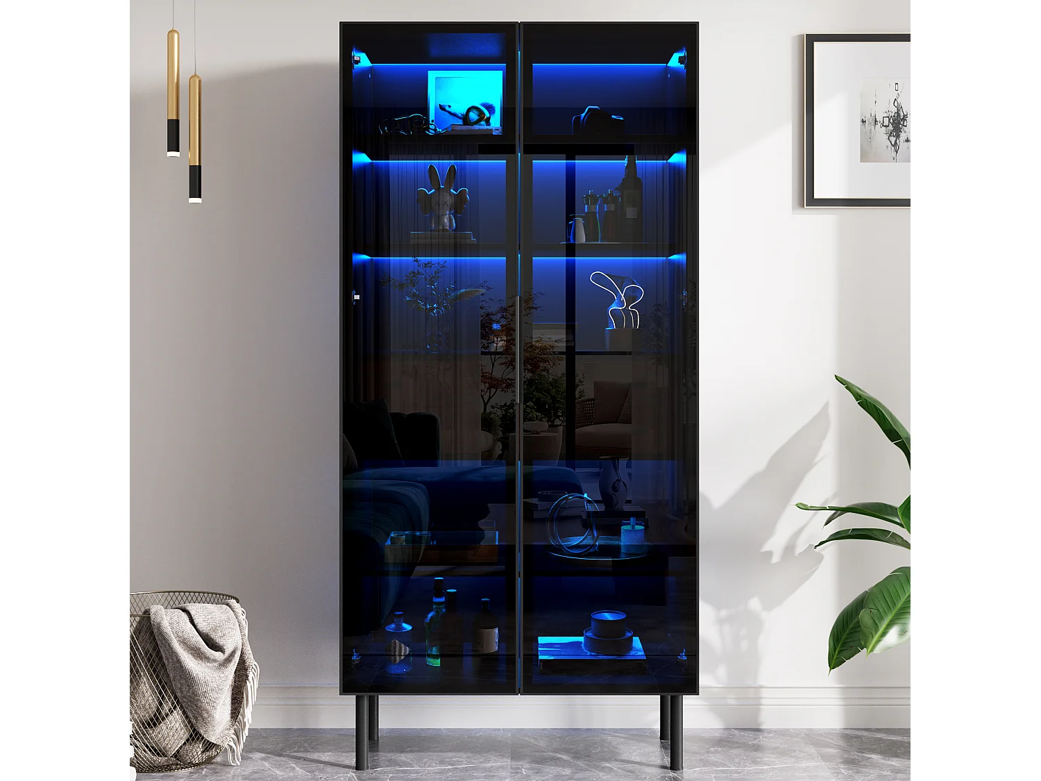 Vitrine avec portes vitrées 70x36x170 cm - Avec éclairageLED - Avec 4 portes vitrées et 2 tiroirs - MDF - Noir