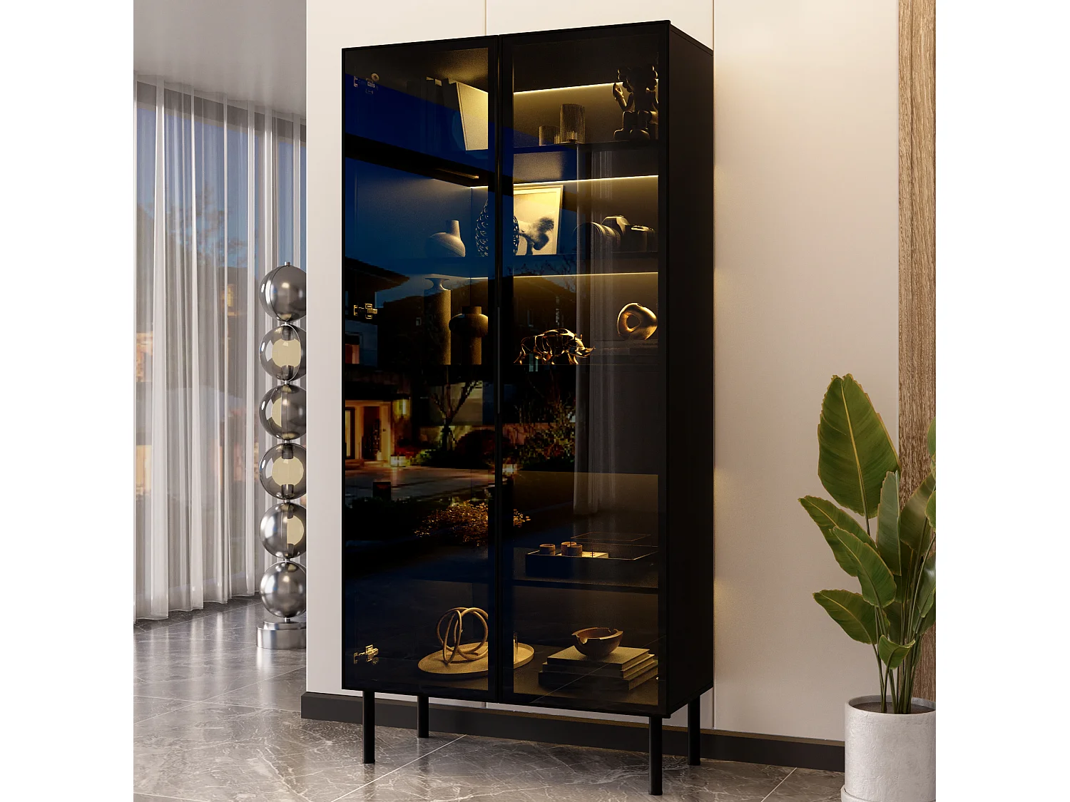 Vitrine avec portes vitrées 70x36x170 cm - Avec éclairageLED - Avec 4 portes vitrées et 2 tiroirs - MDF - Noir