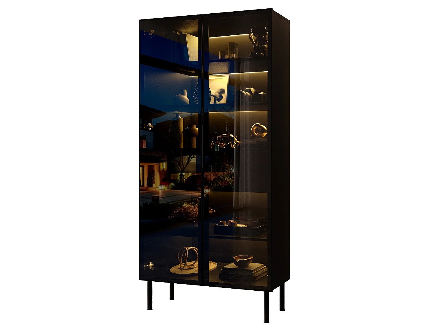 Vitrine avec portes vitrées 70x36x170 cm - Avec éclairageLED - Avec 4 portes vitrées et 2 tiroirs - MDF - Noir