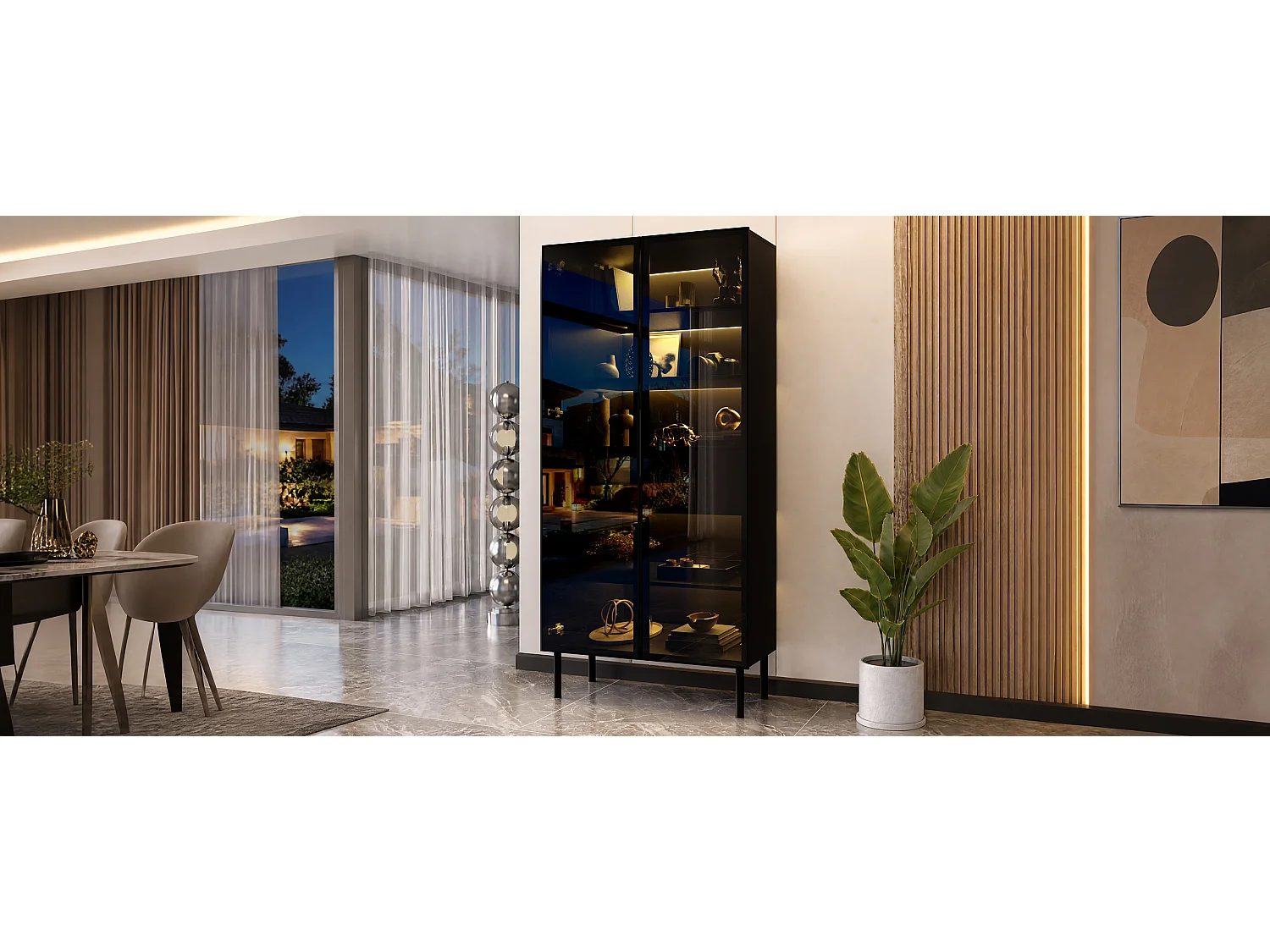 Vitrine avec portes vitrées 70x36x170 cm - Avec éclairageLED - Avec 4 portes vitrées et 2 tiroirs - MDF - Noir