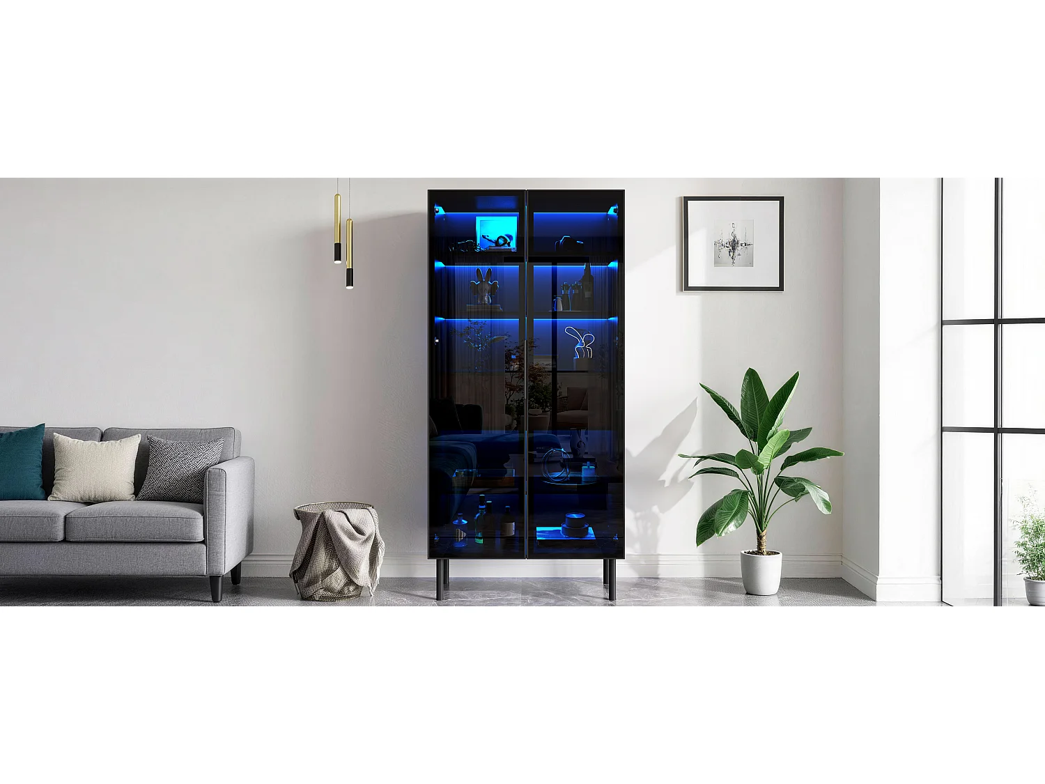 Vitrine avec portes vitrées 70x36x170 cm - Avec éclairageLED - Avec 4 portes vitrées et 2 tiroirs - MDF - Noir