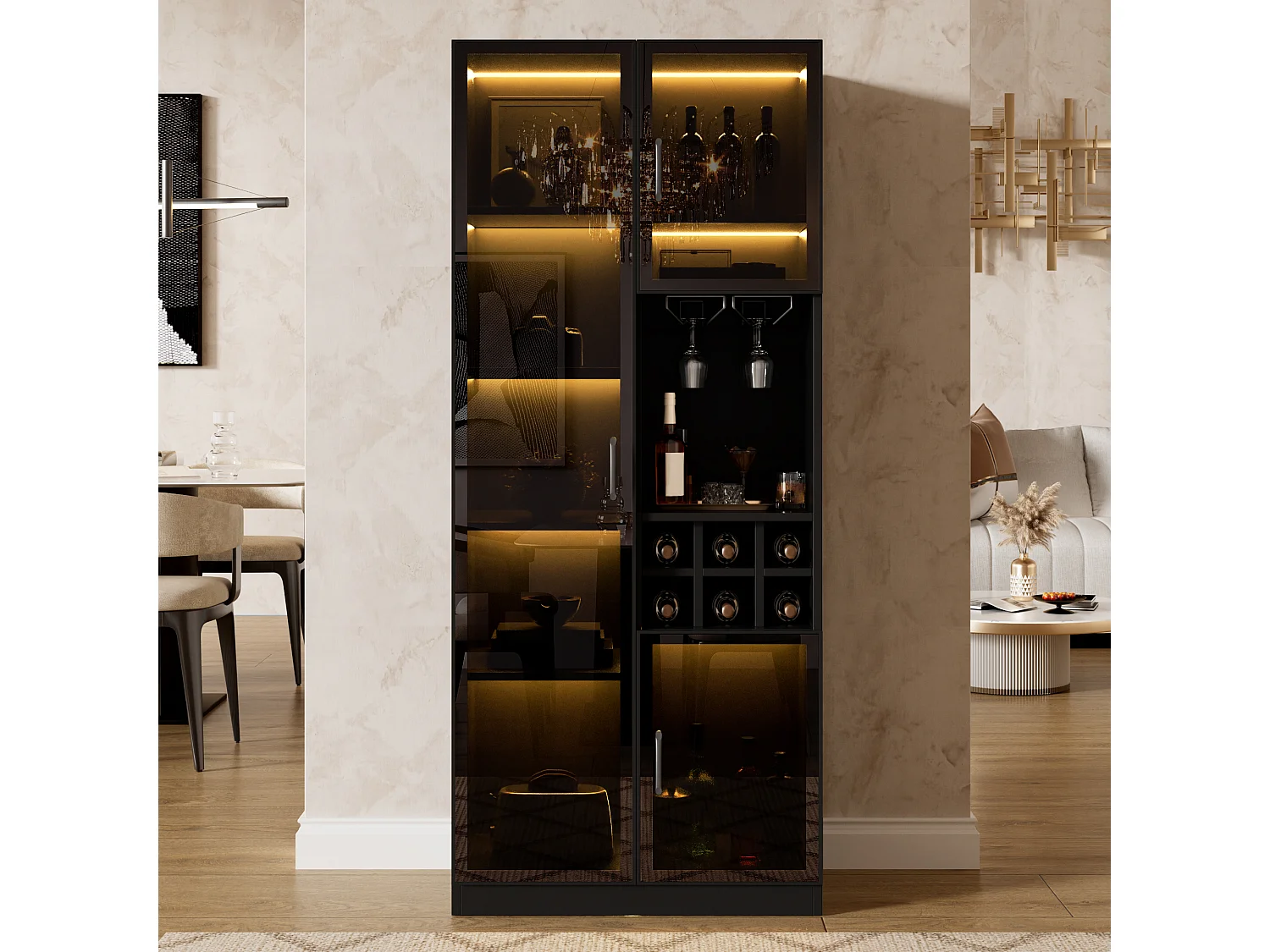 Vitrine moderne 60 x 36 x 160 cm - Avec éclairage LED - 2 portes vitrées et casier à vin - MDF - Noir