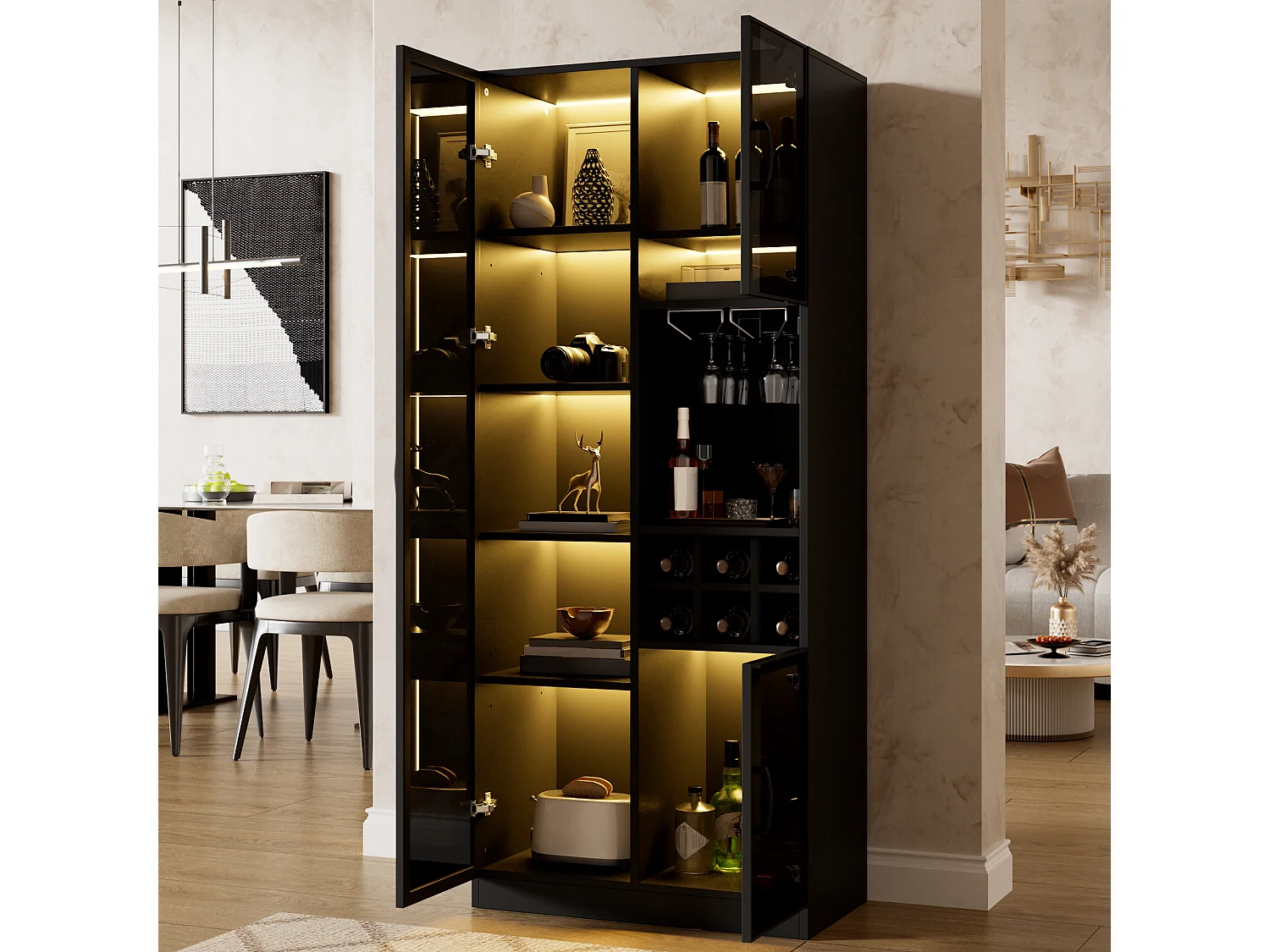 Vitrine moderne 60 x 36 x 160 cm - Avec éclairage LED - 2 portes vitrées et casier à vin - MDF - Noir