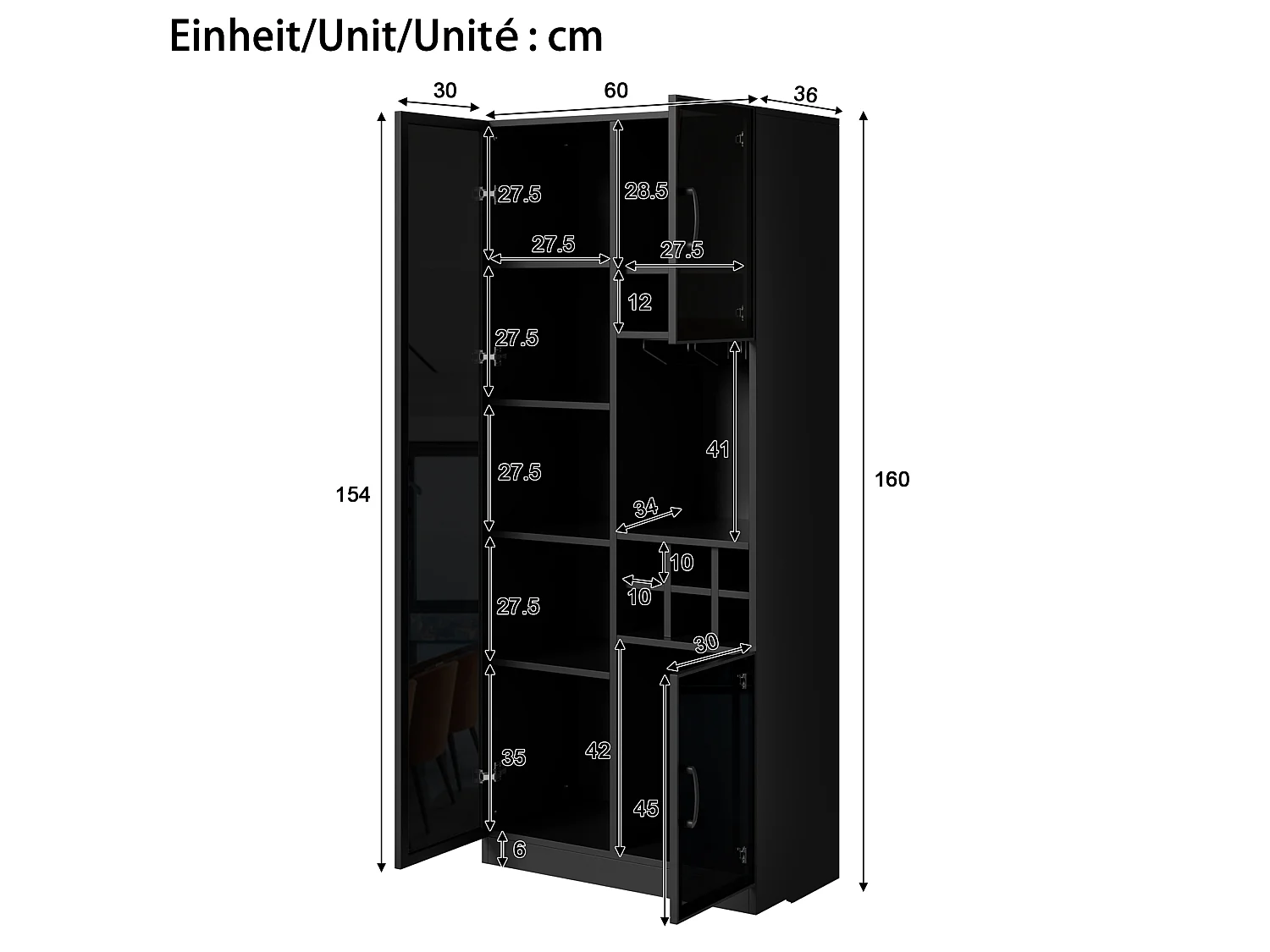 Vitrine moderne 60 x 36 x 160 cm - Avec éclairage LED - 2 portes vitrées et casier à vin - MDF - Noir
