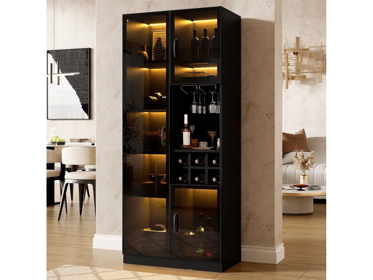 Vitrine moderne 60 x 36 x 160 cm - Avec éclairage LED - 2 portes vitrées et casier à vin - MDF - Noir