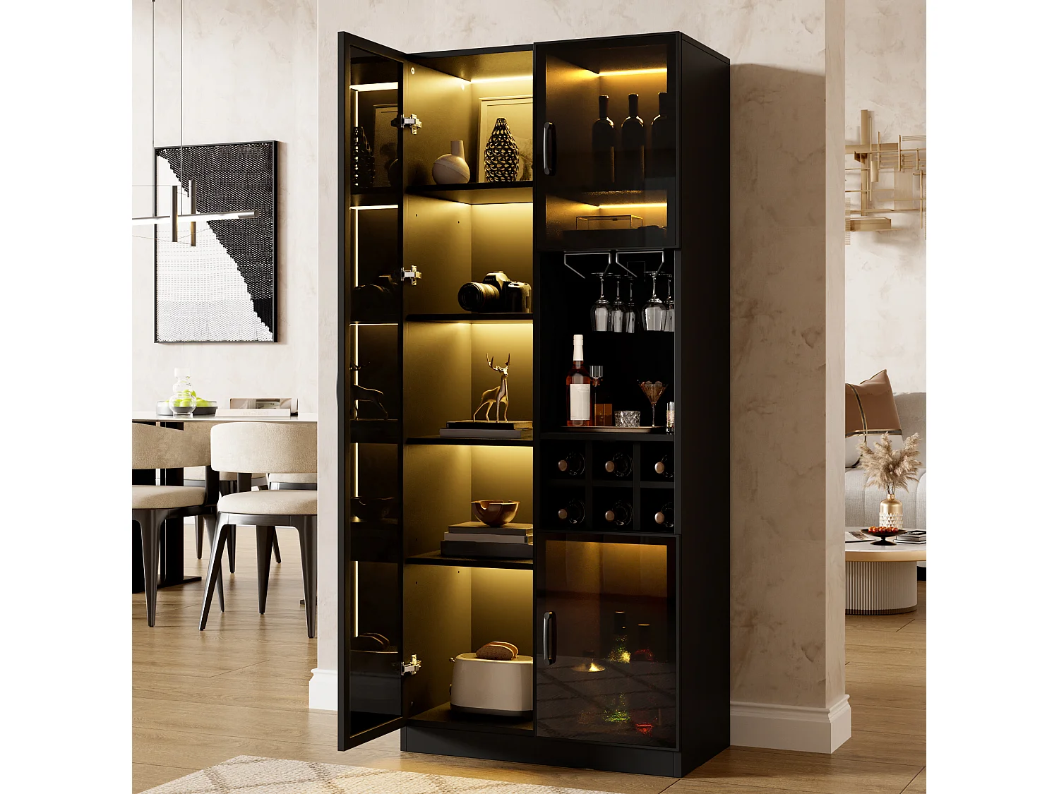 Vitrine moderne 60 x 36 x 160 cm - Avec éclairage LED - 2 portes vitrées et casier à vin - MDF - Noir