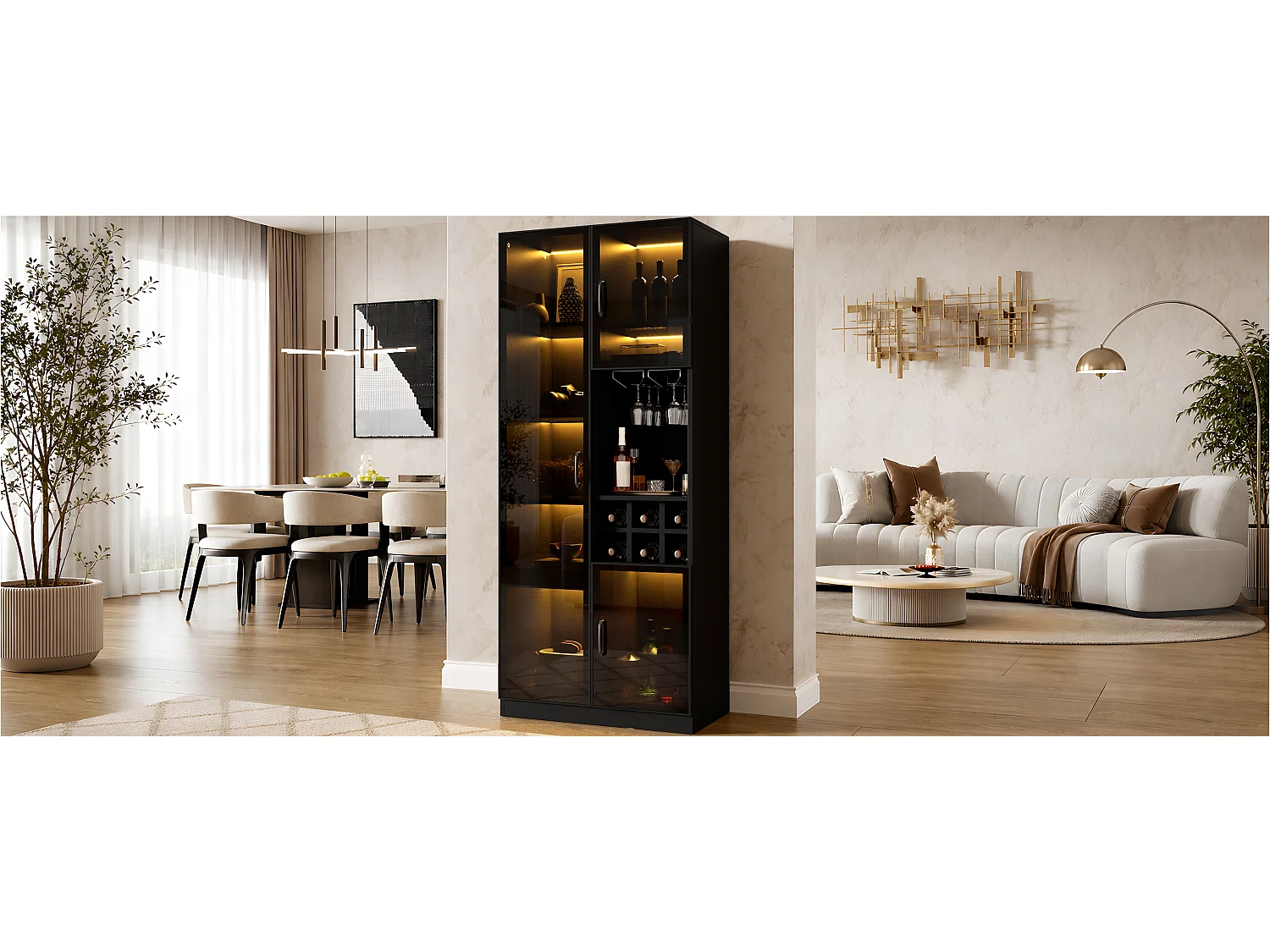 Vitrine moderne 60 x 36 x 160 cm - Avec éclairage LED - 2 portes vitrées et casier à vin - MDF - Noir